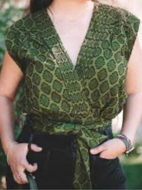 Anthropologie 100% Cotton Bohemian Textured Faux Wrap Top Green Size XXS